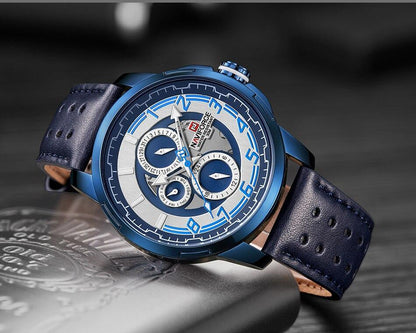 Stevvex men's blue sport watch with perforated leather strap, analog quartz chronograph on Tampa Home & Garden Store