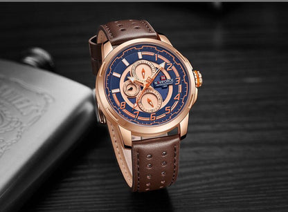 Stevvex sport men's analog quartz watch blue dial rose-gold case brown leather strap on Tampa Home & Garden Store