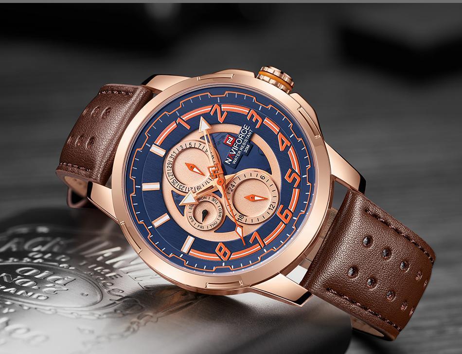 Stevvex ST1N1430MLS5 men's sport watch, rose-gold case, blue dial, brown leather strap on Tampa Home & Garden Store