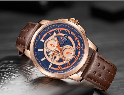 Stevvex ST1N1430MLS5 men's sport watch, rose-gold case, blue dial, brown leather strap on Tampa Home & Garden Store