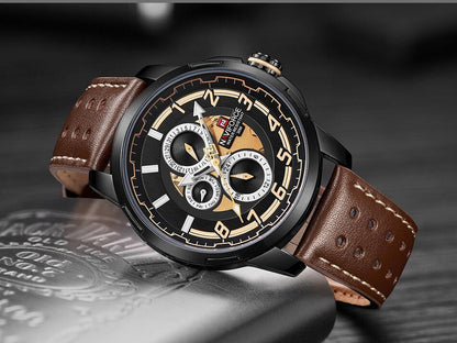 Stevvex men's sport watch with black dial and brown leather strap on Tampa Home & Garden Store