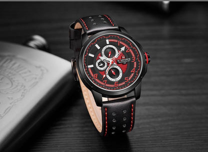 Stevvex men's sport watch black dial with red accents, leather strap and date calendar on Tampa Home & Garden Store