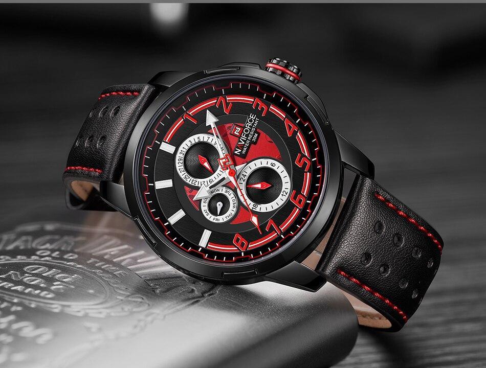 Stevvex sport watch for men, analog quartz with black red dial and perforated leather band on Tampa Home & Garden Store