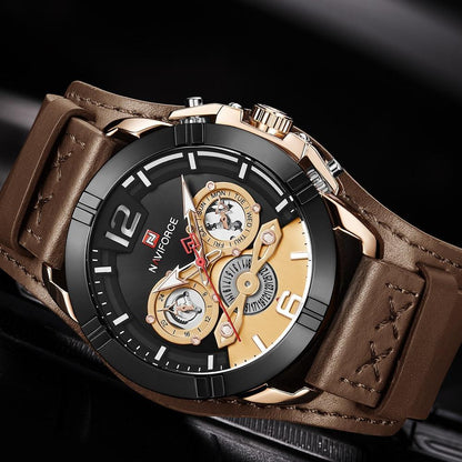 Men's leather waterproof watch by Stevvex with chronographs and luminous hands, brown strap on Tampa Home & Garden Store