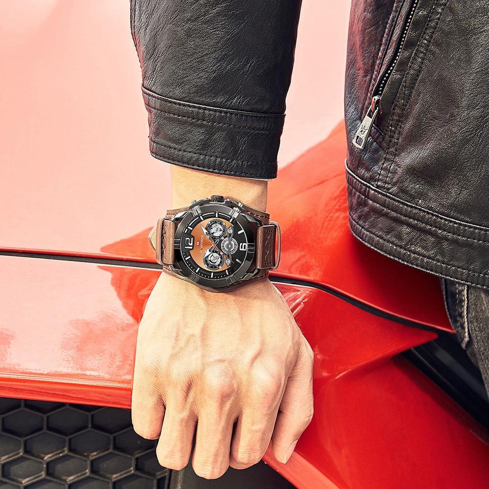 Men's Stevvex leather waterproof watch with chronograph, brown strap and black dial on Tampa Home & Garden Store