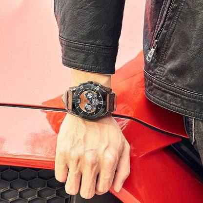 Men's Stevvex leather waterproof watch with chronograph, brown strap and black dial on Tampa Home & Garden Store