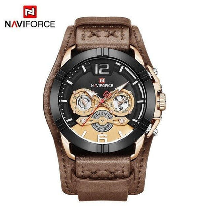 Naviforce men's leather watch with black bezel, gold-case, brown strap and dual subdials on Tampa Home & Garden Store