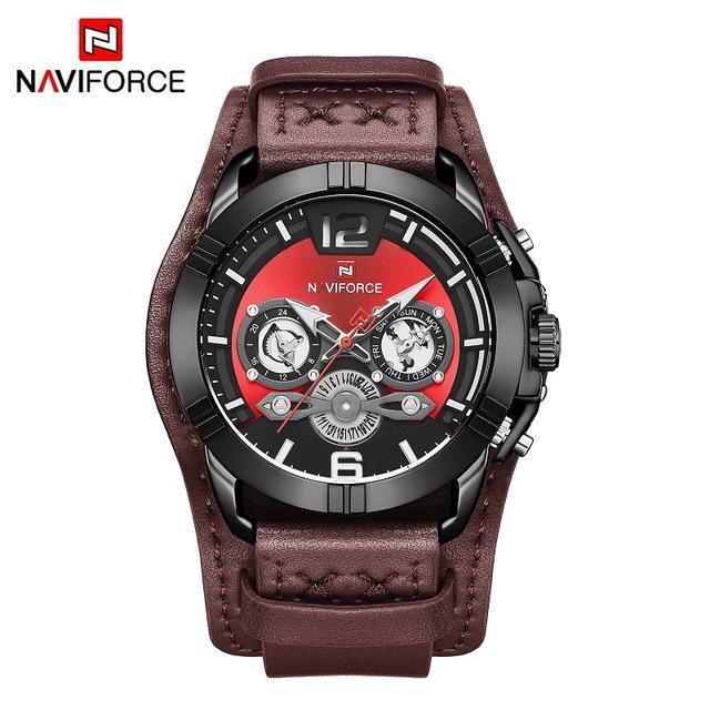 Naviforce men's leather watch with red dial, black bezel, chronograph subdials on Tampa Home & Garden Store