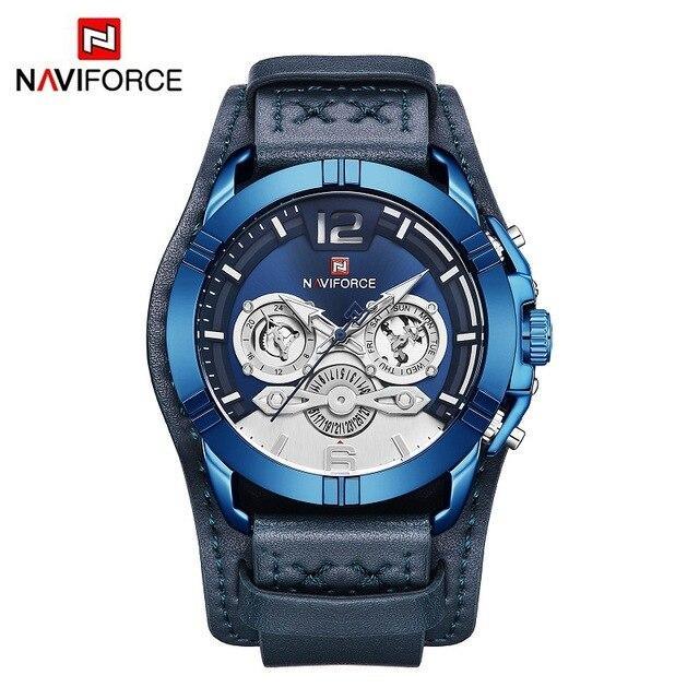 Men's blue leather waterproof watch with chronograph and fluorescent hands Naviforce on Tampa Home & Garden Store
