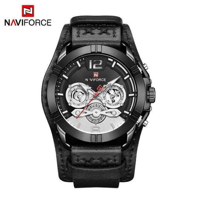 Men's leather waterproof watch with chronograph subdials and fluorescent hands Naviforce on Tampa Home & Garden Store