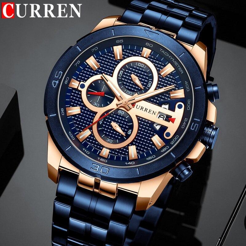 Men's waterproof chronograph watch with blue and rose gold steel band Stevvex ST1N2150MLK1 on Tampa Home & Garden Store