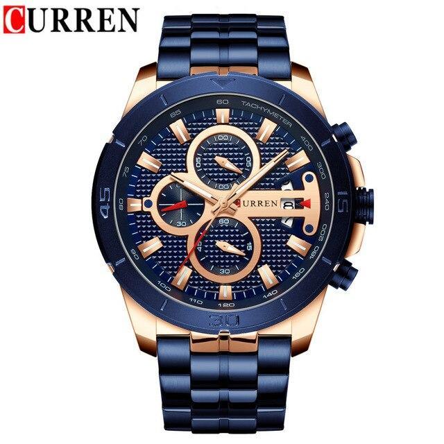 Curren men's chronograph watch with blue textured dial, rose-gold accents, and blue stainless steel bracelet on Tampa Home & Garden Store