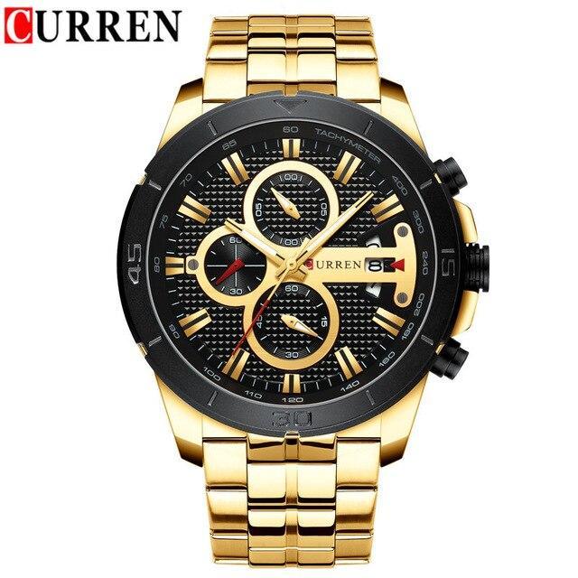 CURREN men's gold-tone chronograph watch with black tachymeter bezel and luminous hands on Tampa Home & Garden Store