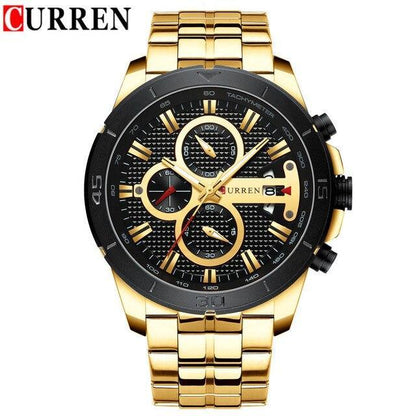 CURREN men's gold-tone chronograph watch with black tachymeter bezel and luminous hands on Tampa Home & Garden Store