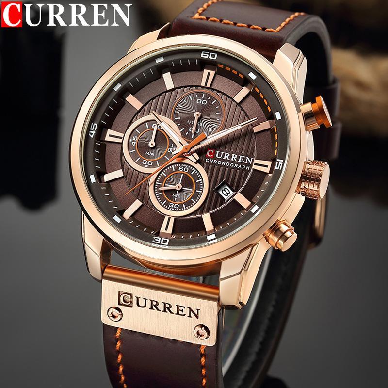 Curren men's chronograph watch with rose gold case, brown dial, three subdials, leather strap on Tampa Home & Garden Store