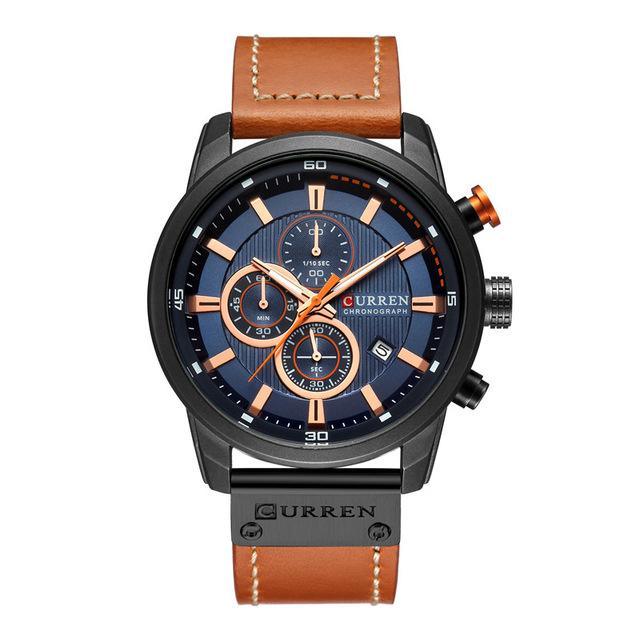 Curren men's chronograph watch with blue dial, tan leather strap, black case and orange hands on Tampa Home & Garden Store
