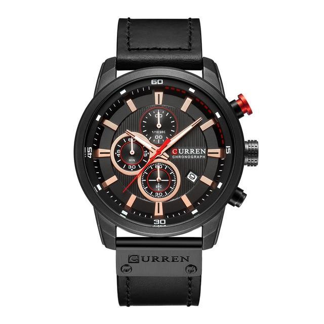 Men's Curren chronograph watch with black dial, rose-gold markers, black leather strap on Tampa Home & Garden Store