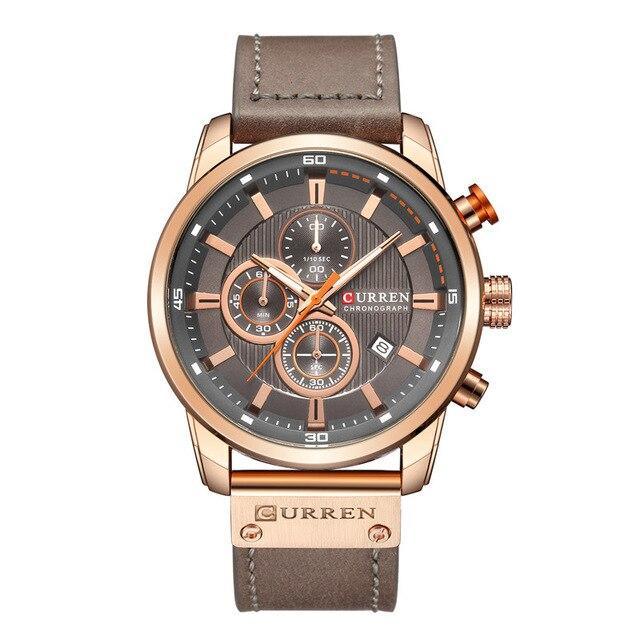 Men's Curren chronograph watch with rose gold case, brown leather strap and grey dial on Tampa Home & Garden Store