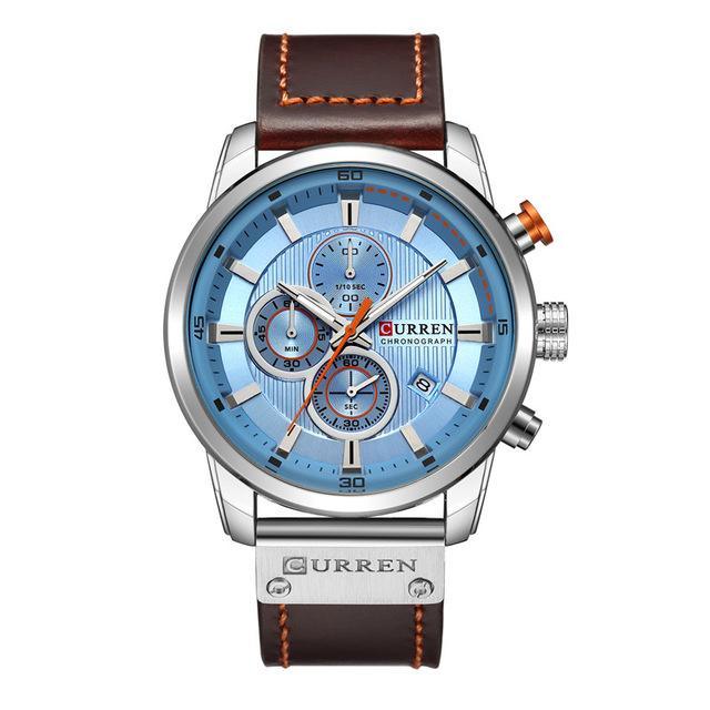 Men's waterproof chronograph watch blue dial, brown leather strap, stainless steel case Curren on Tampa Home & Garden Store