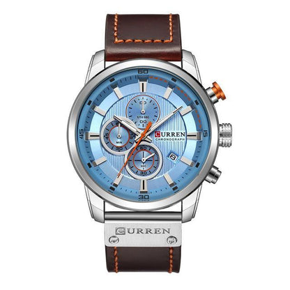 Men's waterproof chronograph watch blue dial, brown leather strap, stainless steel case Curren on Tampa Home & Garden Store