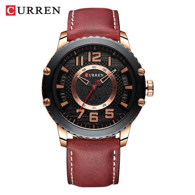 Curren men's sport watch with brown leather strap and black dial large gold numerals on Tampa Home & Garden Store