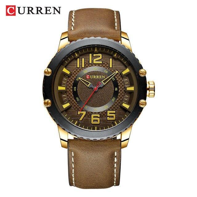 Men's waterproof sport watch Curren with brown leather strap, large yellow numerals on Tampa Home & Garden Store