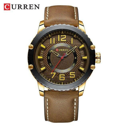Men's waterproof sport watch Curren with brown leather strap, large yellow numerals on Tampa Home & Garden Store