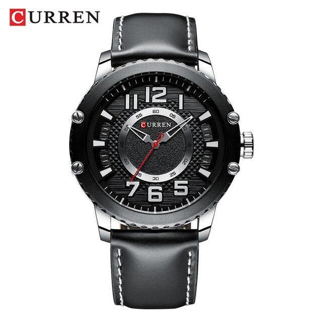 Men's waterproof sport watch Curren with black leather strap and large numerals on Tampa Home & Garden Store