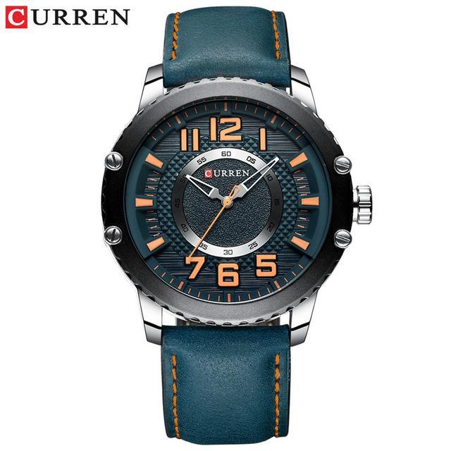 Curren men's sport watch with teal leather strap, blue dial, large orange numerals on Tampa Home & Garden Store