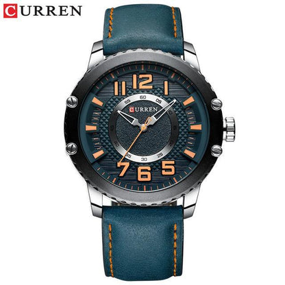 Curren men's sport watch with teal leather strap, blue dial, large orange numerals on Tampa Home & Garden Store