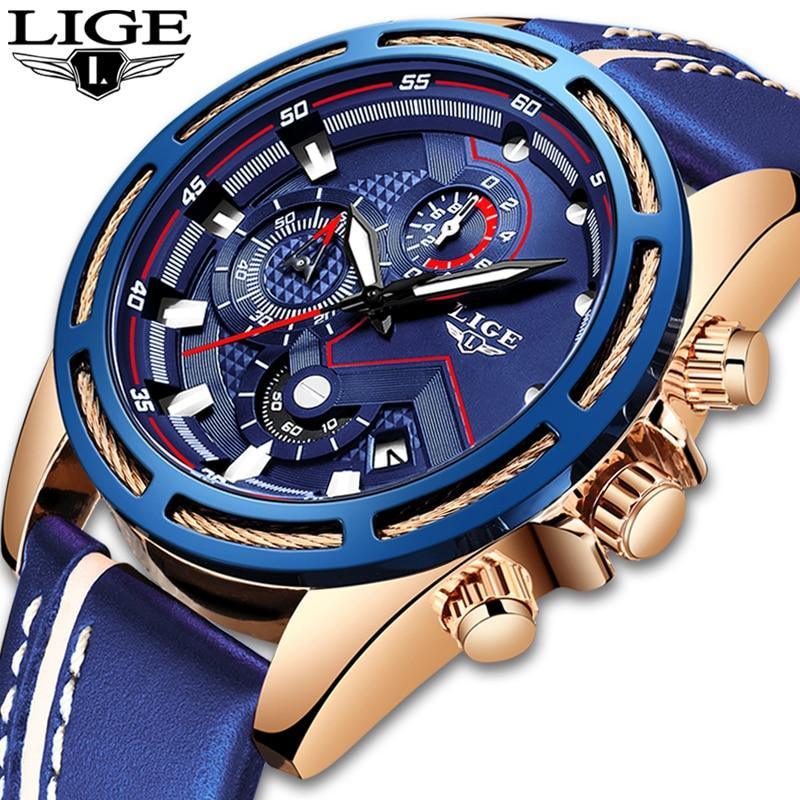 LIGE men's sports watch, rose-gold case, blue leather strap, chronograph subdials on Tampa Home & Garden Store