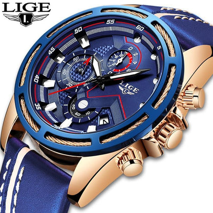 LIGE men's sports watch, rose-gold case, blue leather strap, chronograph subdials on Tampa Home & Garden Store