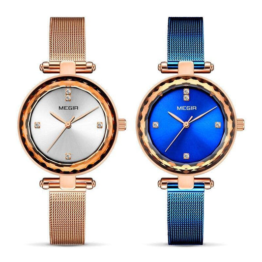 MEGIR women's luxury analog watches duo in rose gold and blue with stainless mesh straps on Tampa Home & Garden Store