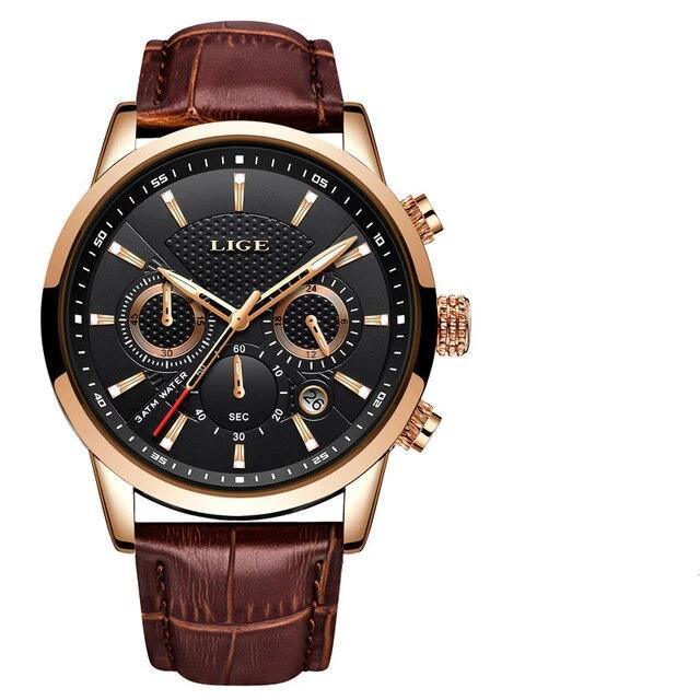 Men's chronograph waterproof watch with black dial, gold case and brown leather strap LIGE on Tampa Home & Garden Store