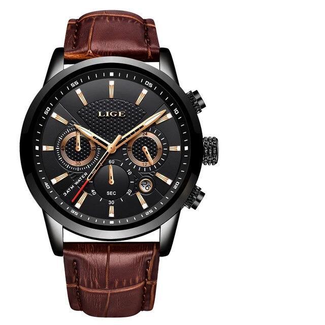 LIGE men's chronograph waterproof watch with brown leather strap black dial on Tampa Home & Garden Store