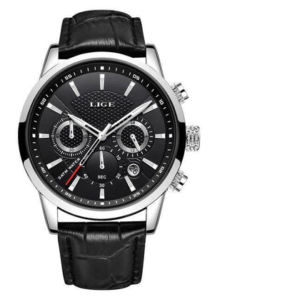 Men's waterproof chronograph watch with black dial, stainless steel case, black leather strap, LIGE branding on Tampa Home & Garden Store