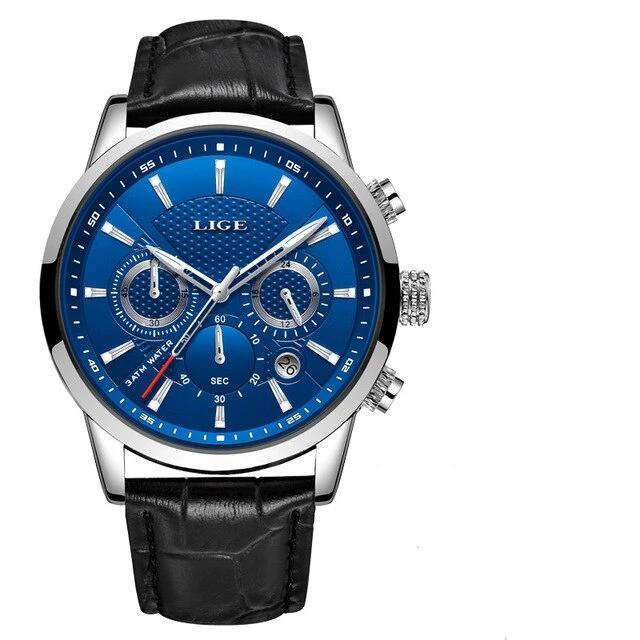 Men's blue dial chronograph wristwatch with black leather strap and silver case LIGE on Tampa Home & Garden Store