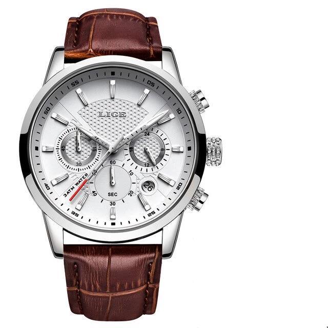 Stevvex men's waterproof chronograph watch with brown leather strap and silver dial on Tampa Home & Garden Store