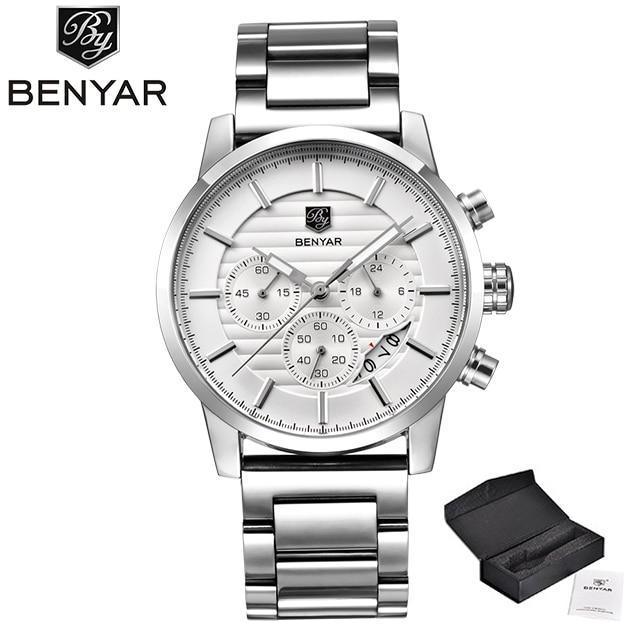 Benyar stainless steel men's watch with white dial, chronograph subdials, metal bracelet on Tampa Home & Garden Store