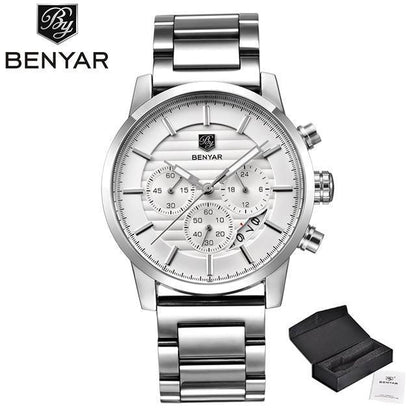 Benyar stainless steel men's watch with white dial, chronograph subdials, metal bracelet on Tampa Home & Garden Store