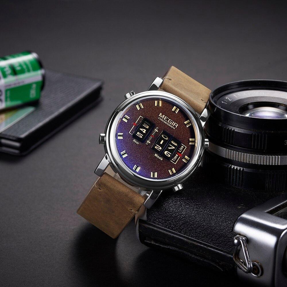 Megir chronograph watch with brown leather strap and silver case beside camera gear on Tampa Home & Garden Store