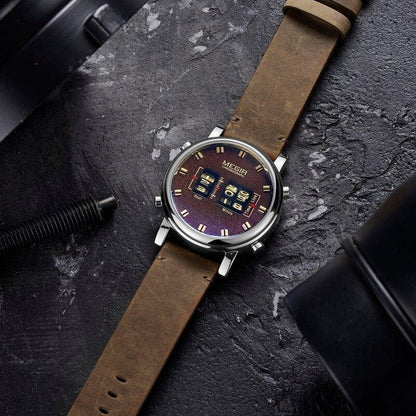 Stevvex military sport watch with brown leather strap and purple dial on Tampa Home & Garden Store