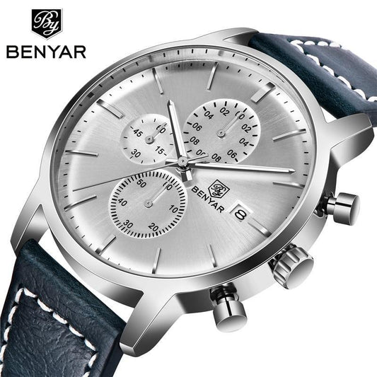 Men's chronograph watch with stainless steel case and blue stitched leather strap, Benyar logo on Tampa Home & Garden Store