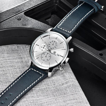 Stevvex ST115SULDI12 men's chronograph wristwatch with silver dial and navy leather strap on Tampa Home & Garden Store