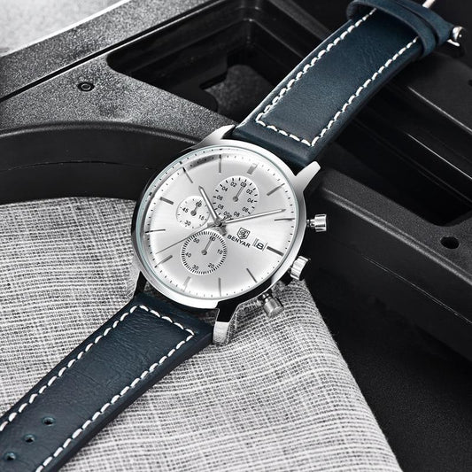 Stevvex ST115SULDI12 men's chronograph wristwatch with silver dial and navy leather strap on Tampa Home & Garden Store