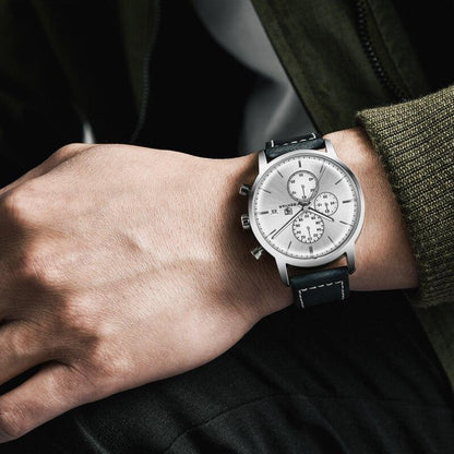 Men's Stevvex chronograph watch with silver dial and black leather strap on Tampa Home & Garden Store