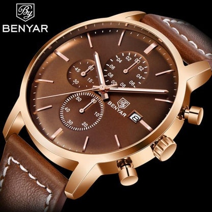 Benyar men's chronograph wristwatch with brown dial, rose-gold case, brown leather strap on Tampa Home & Garden Store