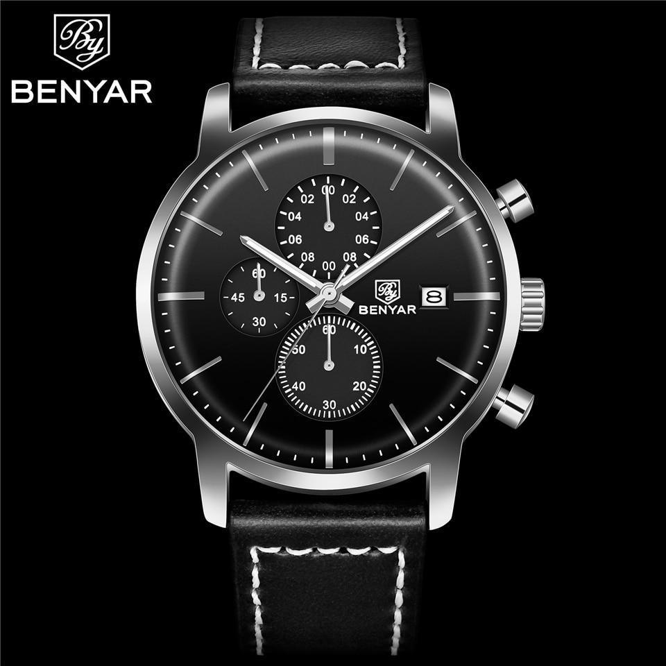 Business chronograph men's watch BENYAR with black dial, three subdials, leather strap on Tampa Home & Garden Store