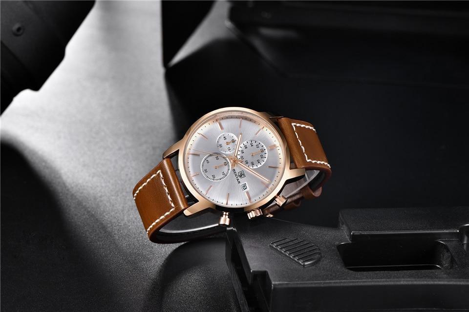 Stevvex men's business watch with brown leather strap and stitching, silver chronograph dial on Tampa Home & Garden Store