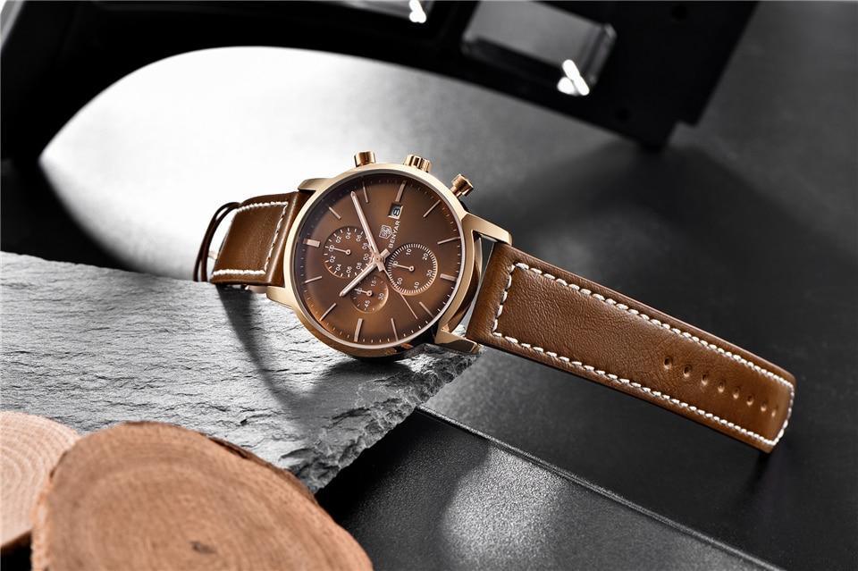Men's brown leather chronograph wristwatch Stevvex ST115SULDI12, waterproof quartz on Tampa Home & Garden Store
